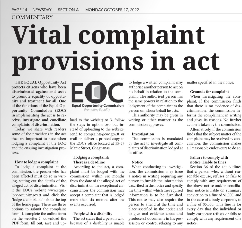 Vital complaint provisions in act